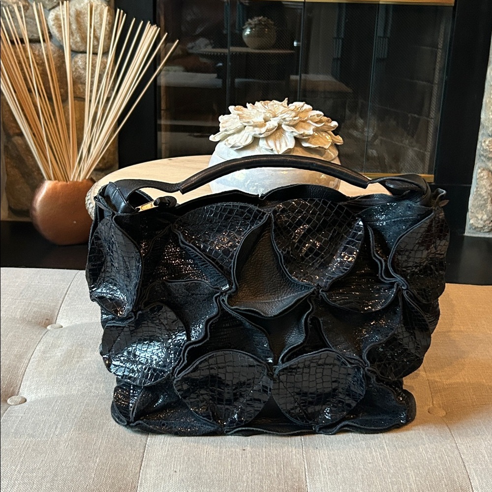 Casa Lopez Black Textured Floral Shoulder Bag